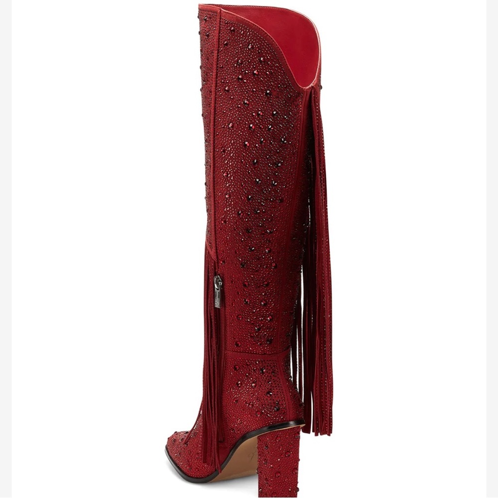 JESSICA SIMPSON Red Western Fringe Rhinestone Knee Boots size 8.5 wide calf - Picture 6 of 9